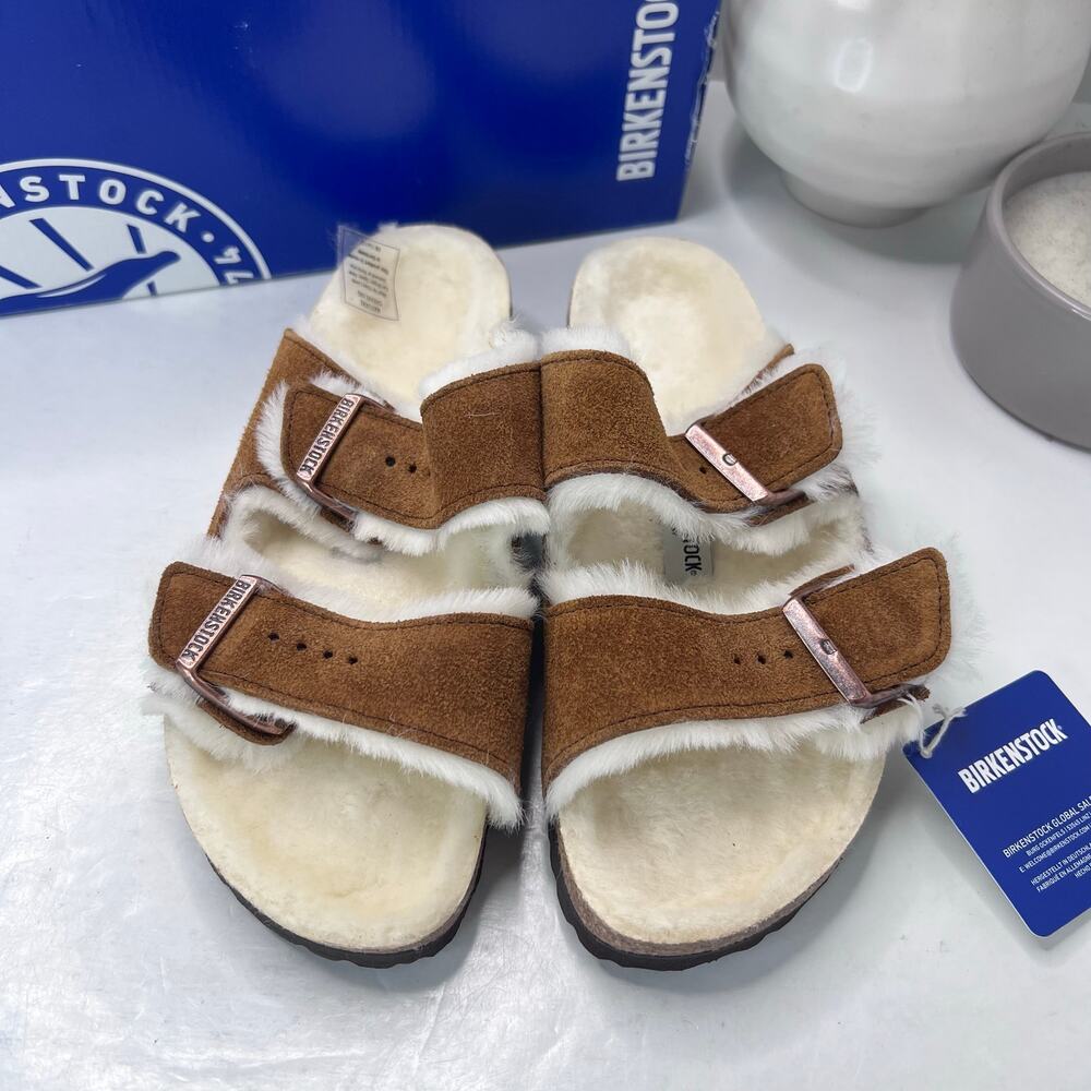 Birkenstock Arizona Suede Shearling Lined Slide Mink Women 7/Men 5/EU38 Narrow